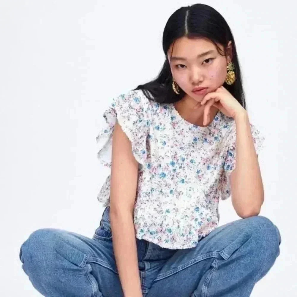 Zara Sequin Crop Ruffled Sleeves Floral Top Ref 2488/009 Blogger’s favorite Sz M